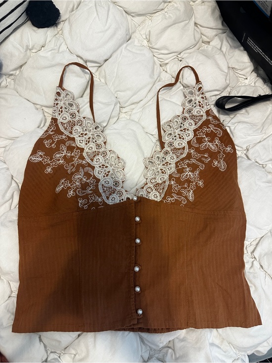 Free People Tops - Free People Rust Brown Floral Lace-Trim Cami